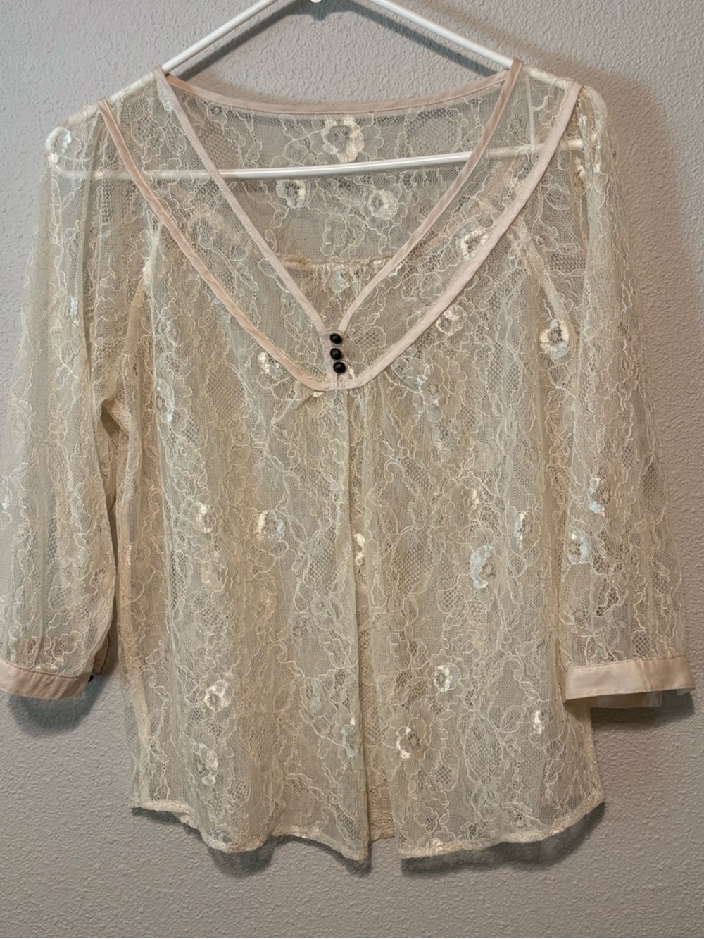 Sheer Lace Floral Blouse in Cream with Satin Trim